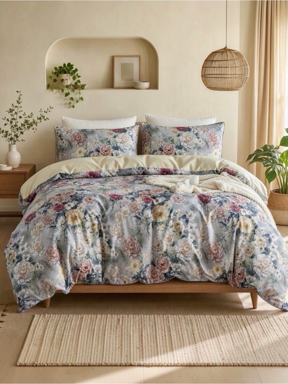 NEW Anthropologie Purple Rose Floral Boho 100% Cotton Duvet Bedding & Sham Set